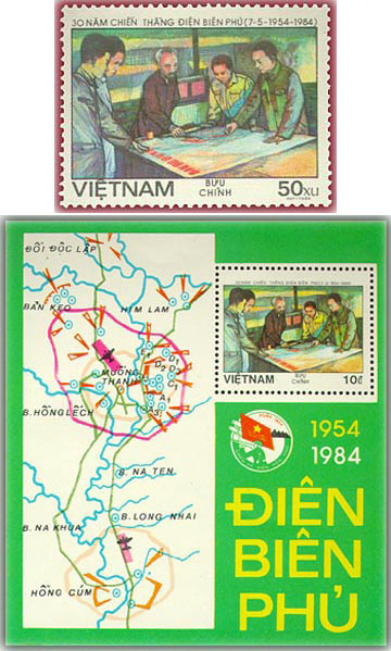 Mẫu tem 1 v&agrave; blốc bộ tem &ldquo;Kỷ niệm 30 năm chiến thắng Điện Bi&ecirc;n Phủ&rdquo; ghi lại h&igrave;nh ảnh cuộc họp của Bộ Ch&iacute;nh trị quyết định mở chiến dịch Điện Bi&ecirc;n Phủ (Đại tướng V&otilde; Nguy&ecirc;n Gi&aacute;p ở b&igrave;a phải mẫu tem).