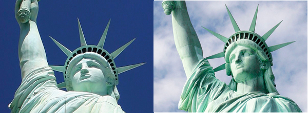 Tượng Nữ thần Tự do nguyên bản ở bên phải.