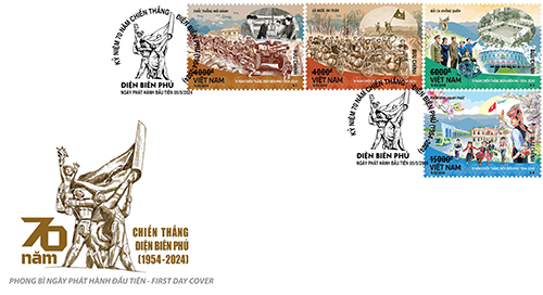 Mẫu phong b&igrave; ng&agrave;y ph&aacute;t h&agrave;nh đầu ti&ecirc;n - FDC của bộ tem kỷ niệm 70 năm Chiến thắng Điện Bi&ecirc;n Phủ. Ảnh: VNP